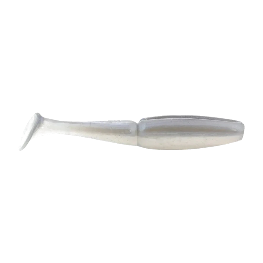 Gambler TZ Swimmer 3 pouces nu, sans hameçon ni tête plombée, ventre blanc nacré opaque et dos gris fumé translucide, segmentation visible au milieu du corps, petite queue paddle