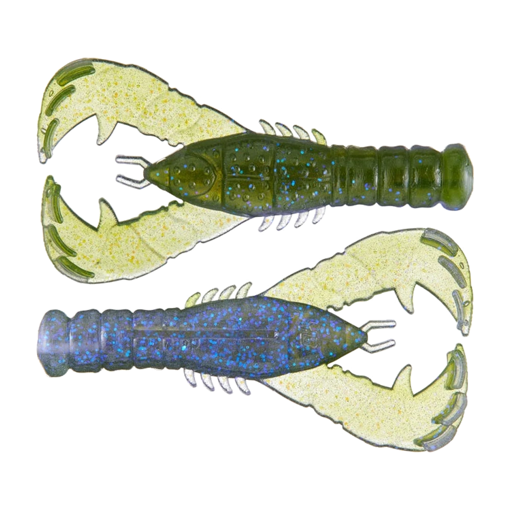 Deux Gary Yamamoto Yama Craw nues, corps vert olive foncé pailleté bleu à carapace granuleuse et queue annelée, deux grandes pinces plates crème pailletées or marquées de canaux moulés, petits appendices clairs le long du corps et deux antennes