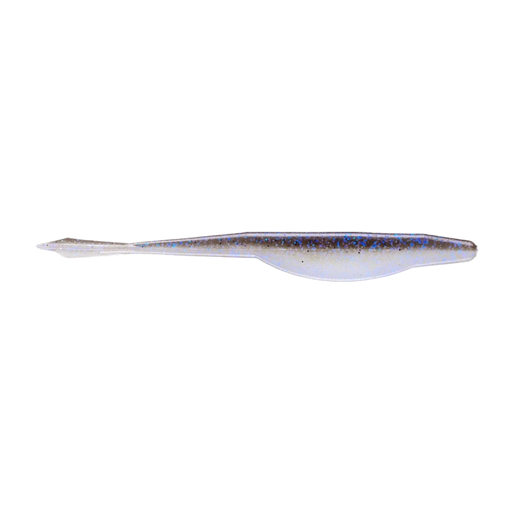 Jerkbait souple Gary Yamamoto D Shad vu de profil, dos gris fumé à paillettes bleues et argentées, ventre blanc nacré, corps élancé terminé par une fine queue pointue fendue, leurre nu sans hameçon