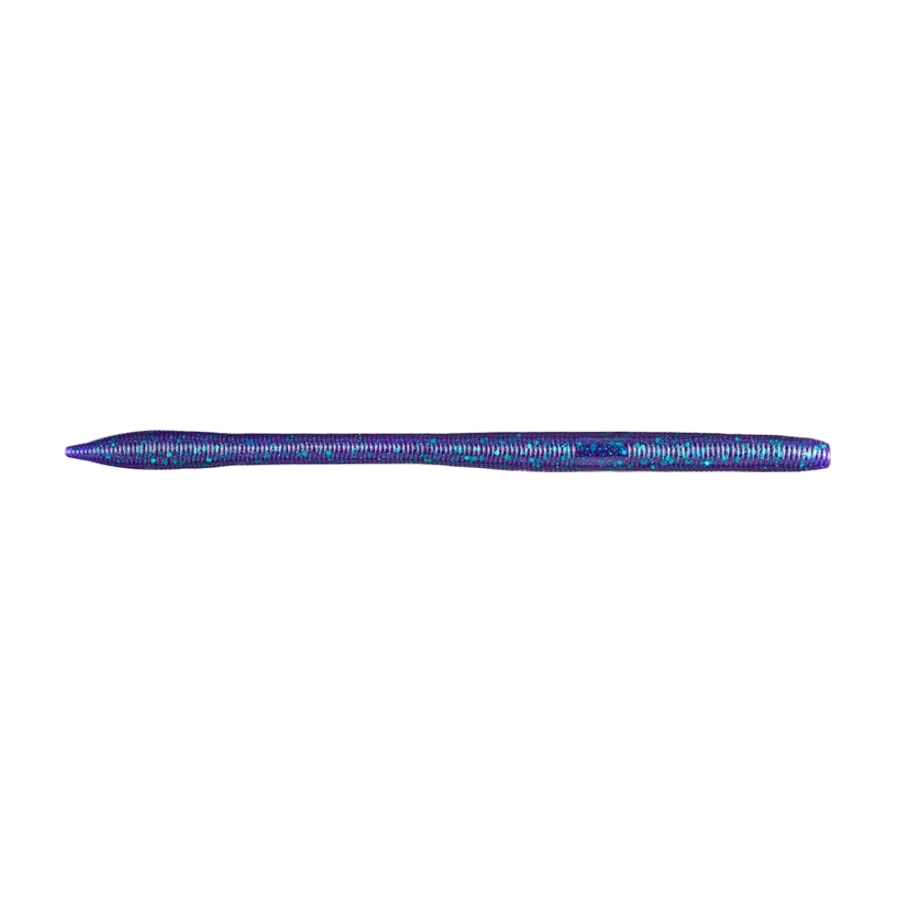 Gary Yamamoto Sensei Straight Tail Worm violet translucide à paillettes bleu turquoise, worm droit annelé sur toute sa longueur, queue arrondie plus épaisse que la tête, photographié nu