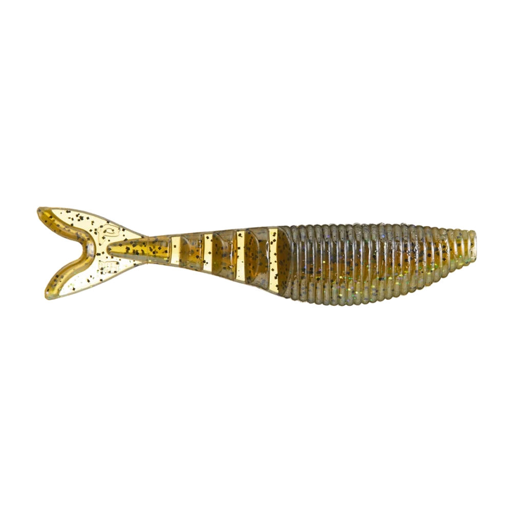 Gary Yamamoto Zako Swimbait coloris ambre doré translucide à dos vert olive et paillettes holographiques, corps haut et annelé, section arrière segmentée et queue fourchue en V, leurre photographié nu