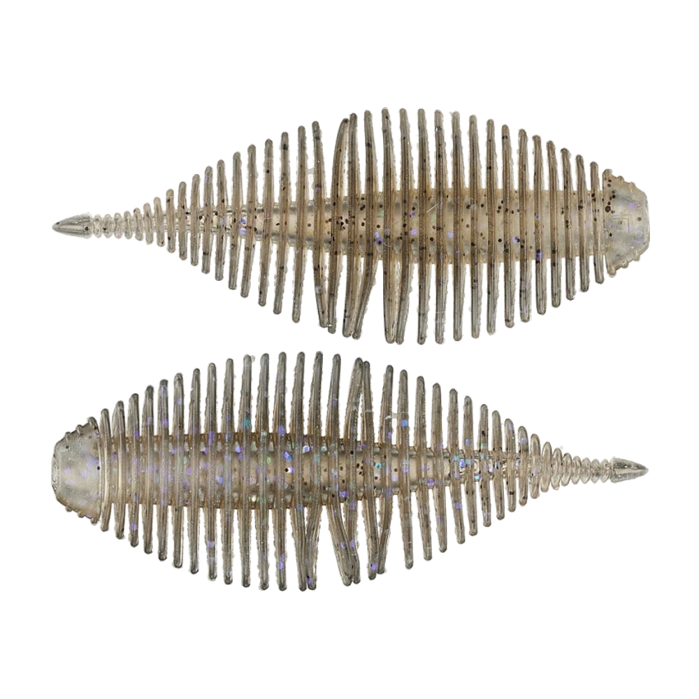 Deux Geecrack Bellows Gill Floating Elastomer vus de dessus, corps ovale aplati gris translucide à points noirs et paillettes holographiques bleutées, longues franges annelées sur tout le pourtour, petits appendices latéraux et pointe caudale effilée, leurres photographiés nus