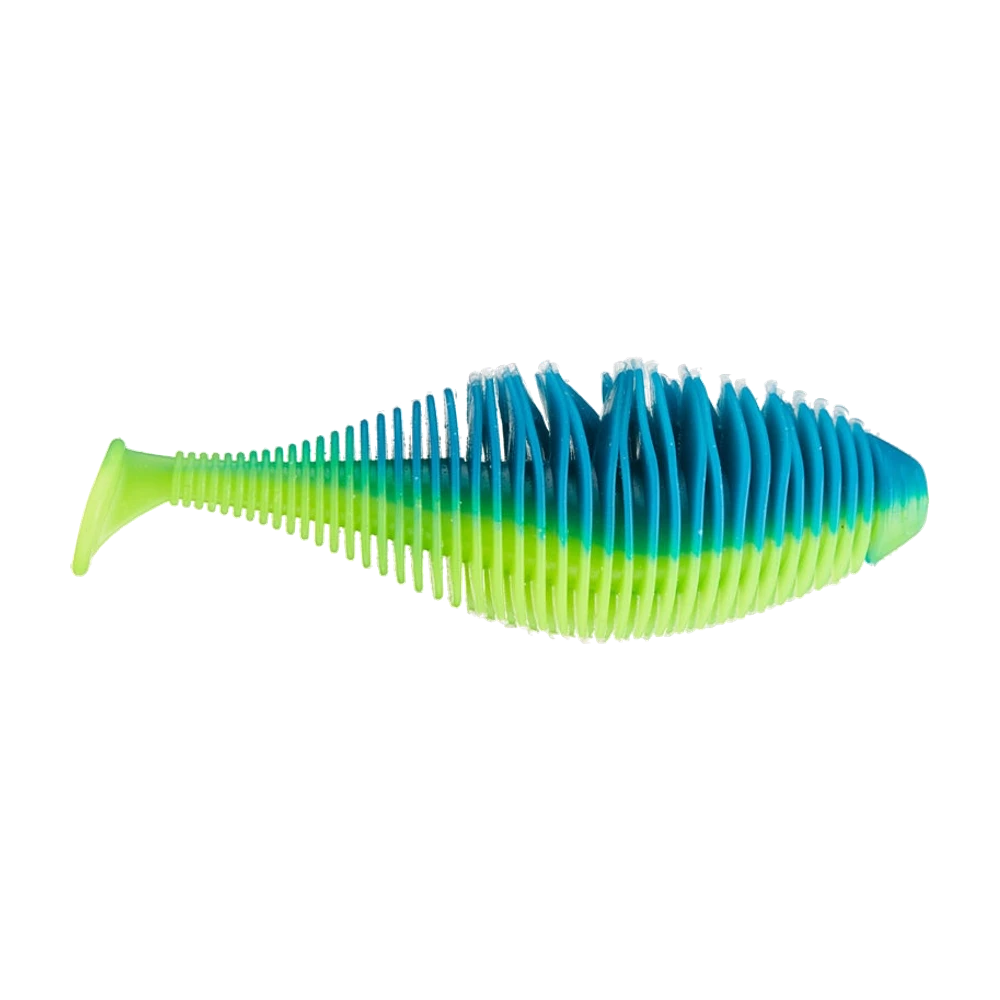 Geecrack Bellows Gill Swimmer in zweifarbiger Ausführung mit tiefblauem Rücken und chartreusefarbenem Bauch, hoher Körper mit groben Riefen oben und feineren darunter, kleines limettenfarbenes Paddel, Köder pur und ohne Haken fotografiert
