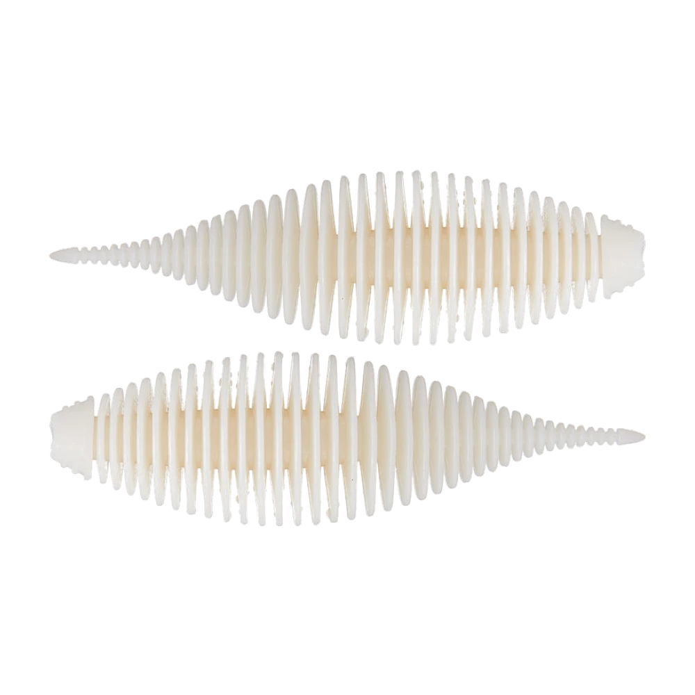 Deux Geecrack Bellows Shad Floating Elastomer nus, blanc crème uniforme sans paillette, corps profondément annelé et longue queue effilée