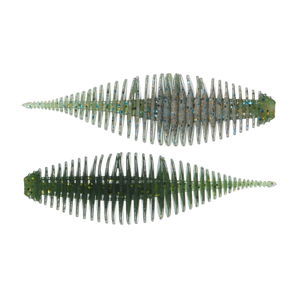 Due Geecrack Bellows Shad nudi, corpo profondamente anellato e coda sottile affusolata, uno smoke traslucido con glitter blu e dorati, l'altro verde oliva scuro con glitter dorati