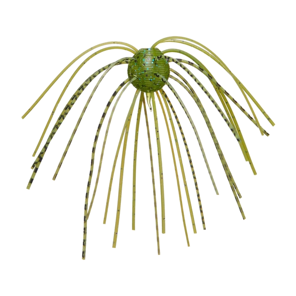 Geecrack Imo Kemushi Cue Bomb nu, petit corps rond et côtelé green pumpkin à paillettes bleu-vert et points noirs, entouré sur trois cent soixante degrés d'une longue jupe de fibres silicone olive dont certaines rayées de noir