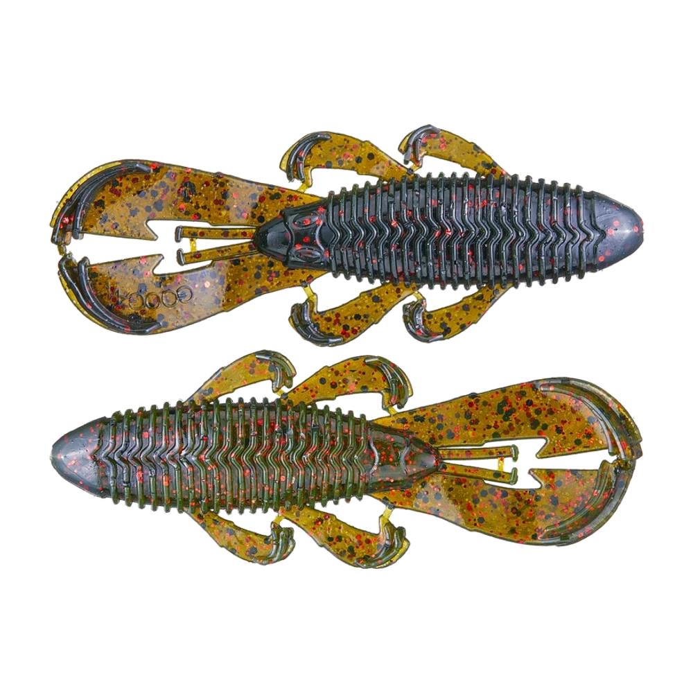 Deux Googan Bandito Bug Craws posés à plat, corps brun ambré translucide pailleté rouge et bleu, dos vert sombre fortement nervuré, grandes pinces plates et appendices latéraux, aucun hameçon monté