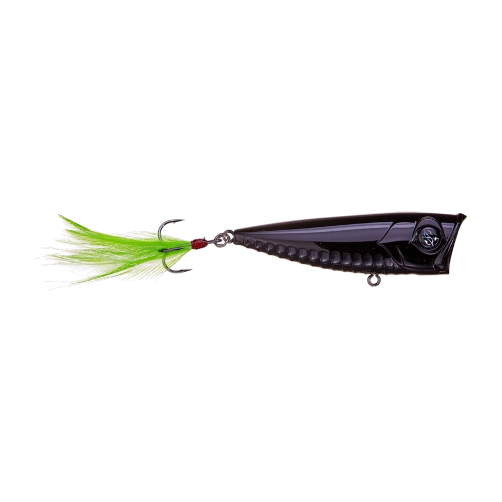 Googan Blooper Popper noir brillant, tête ronde avec œil peint et série de stries sous l'avant du ventre, triple arrière habillé de plumes chartreuse et blanches sur ligature rouge, porte-hameçon ventral laissé nu