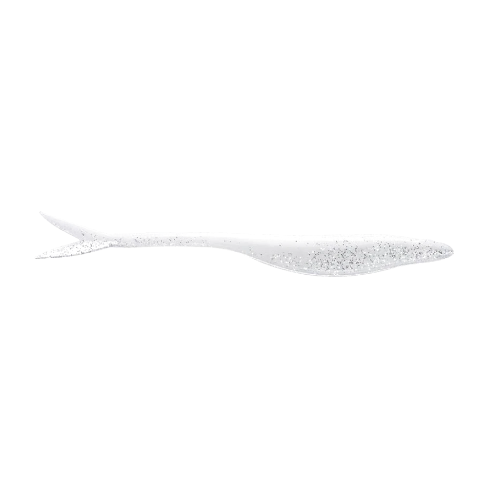 Googan Darts Soft Jerkbait blanc nacré pailleté argent, corps fuselé allongé à ventre plat et fente marquée, queue fourchue à deux pointes, posé seul sans hameçon