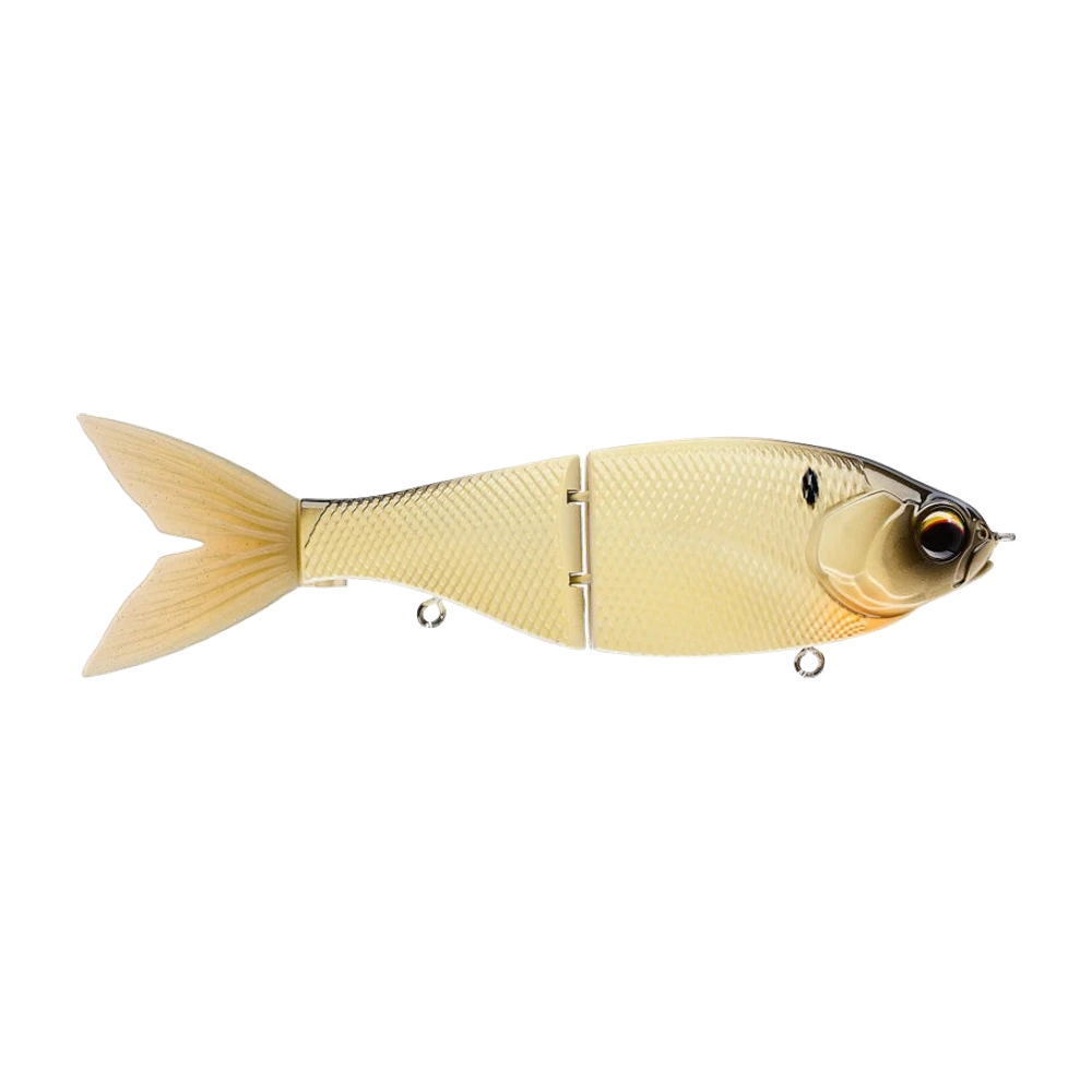 Googan Glizzy Glide, glidebait articulé en deux sections rigides prolongées d'une queue souple, finition ivoire doré écaillée, œil 3D, porte-hameçons rotatifs sans triples montés