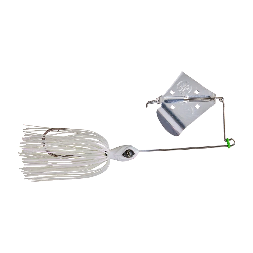 Googan Hummer Buzzbait tutto bianco, elica metallica argentata a due pale forata con quattro buchi, braccio in filo d'acciaio piegato, piccolo elastico verde sul punto di attacco, testa bianca con occhio dipinto e gonnellino annodato bianco, senza trailer