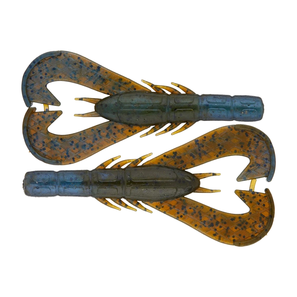 Deux Googan Krackin' Craws vus de dessus, corps bicolore à dos vert olive et queue segmentée bleutée, grosses pinces brun orangé mouchetées de bleu et nervurées en relief, petites pattes latérales jaunes