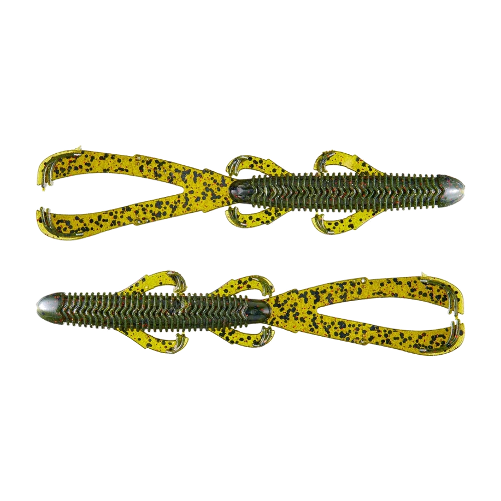 Deux Googan Trench Hawg nus, sans hameçon, coloris vert-jaune pailleté de noir et d'orange, corps entièrement annelé, pattes latérales courtes et deux longues pinces plates à extrémité recourbée