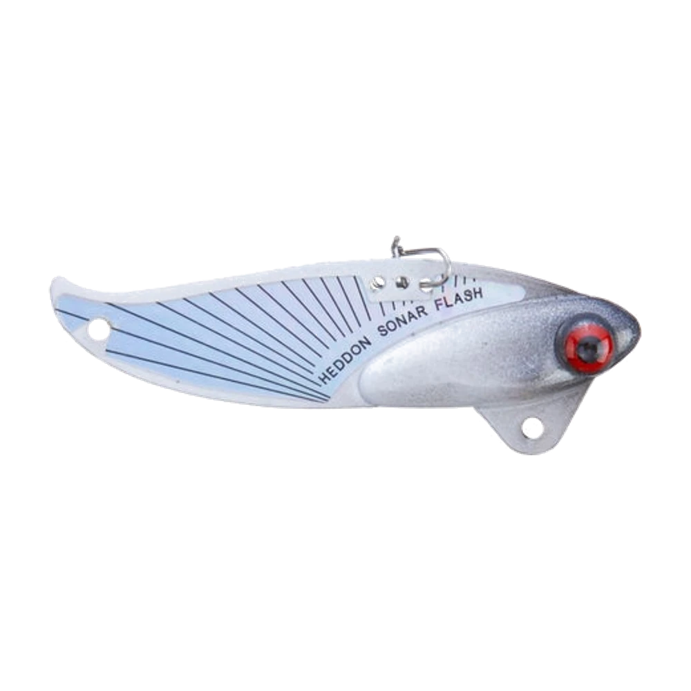 Heddon Sonar Flash, blade bait argenté avec tête gris perlé et œil rouge, trois trous d'attache visibles sur le dos