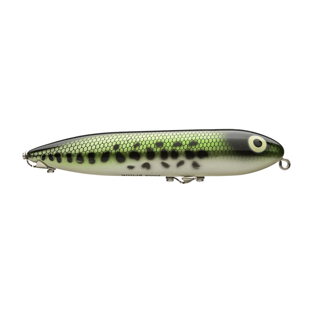 Heddon Zara Spook in Baby Bass color, olive-green scaled back and white belly, topwater walking bait