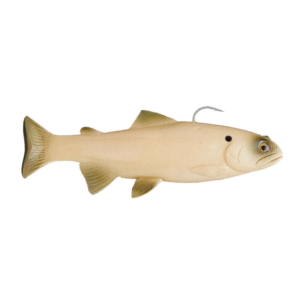 Huddleston 8 pouces Trout, corps de truite crème clair aux nageoires et à la queue teintées olive, tache noire derrière l'opercule, oeil cerclé d'or, un gros hameçon simple ressort du dos