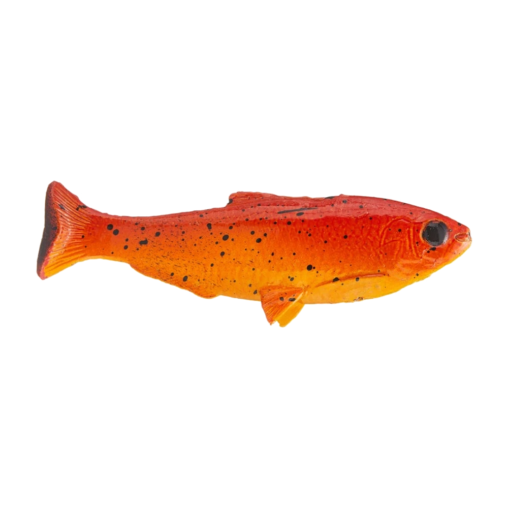 Huddleston Weedless Shad orange vif moucheté de noir, dos rouge, ventre jaune orangé, gros œil noir et queue en palette bordée de sombre, aucun hameçon apparent