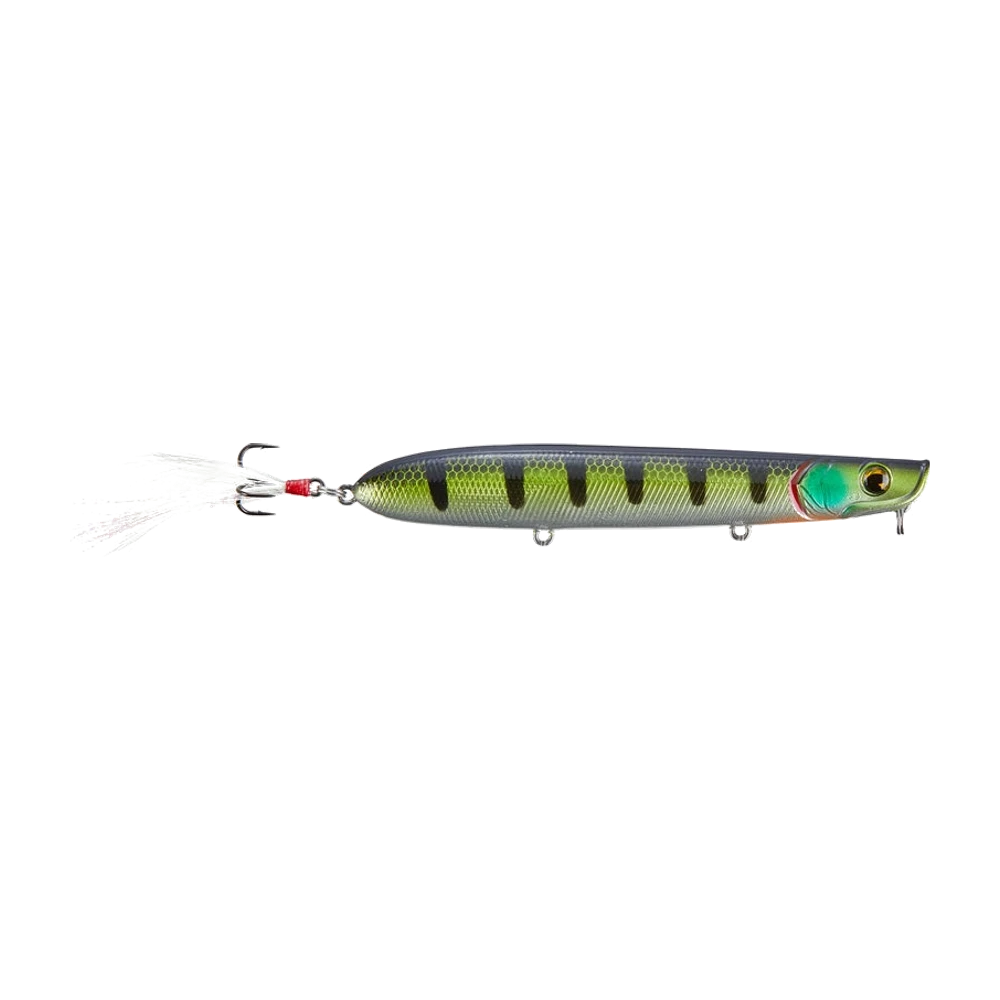 Ima Baby Stik 105 en motif perche, dos sombre et flancs chartreuse barrés de noir, joue verte et gorge orange, un seul triple arrière habillé d'une plume blanche et deux porte-hameçons ventraux restés nus