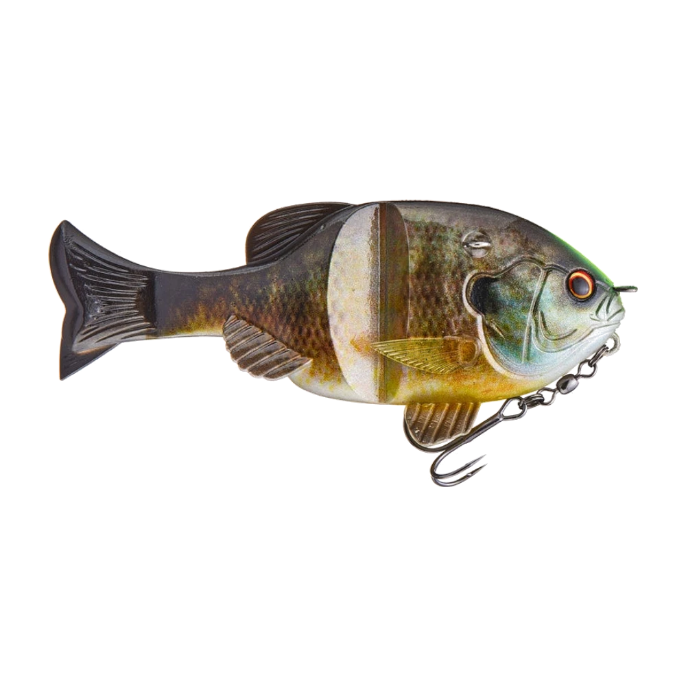 Imakatsu Gill Soft 130 in realistischem Sonnenbarsch-Dekor, hoher weicher Körper, geschuppter olivbrauner Rücken, goldene Flanken, oranger Bauch, blaugrüner Kiemendeckel, rot umrandetes Auge, geformte Brust-, Rücken- und Afterflosse, breiter weicher Schwanz, senkrechter Schlitz in der Körpermitte, Kopföse und ein einzelner Drilling an einer kurzen Kette unter dem Bauch