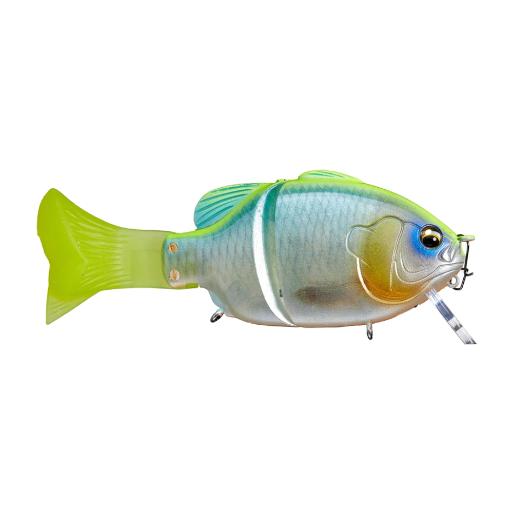 Imakatsu Gillroid Minnie, corps rigide en forme de bluegill bleu-argenté barré de blanc, dos et nageoires chartreuse, queue souple chartreuse translucide vissée, bavette transparente au nez