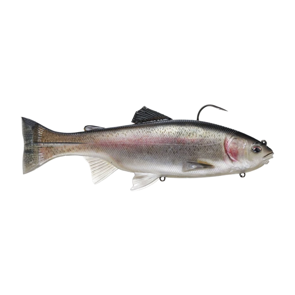 Imakatsu Lazy Swimmer en finition truite arc-en-ciel, dos olive moucheté, flanc argenté barré de rose, nageoires translucides, gros hameçon simple ressortant du dos et deux œillets nus sous le ventre