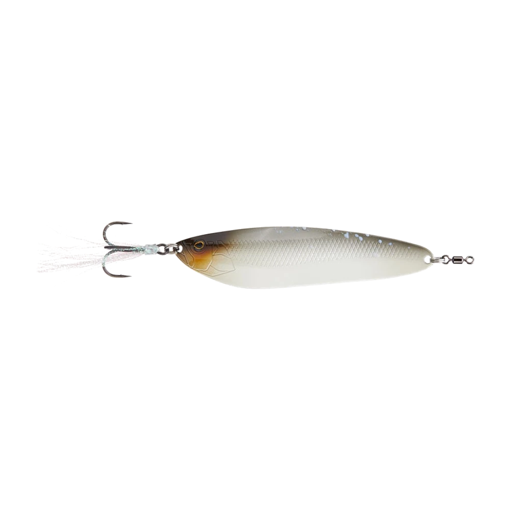 Jackall Counter Back Spoon, cuillère allongée et incurvée peinte en poisson, dos bronze à pointillés bleus, flanc argenté écaillé, œil et opercule peints, émerillon à roulement à une extrémité et triple emplumé blanc à l'autre