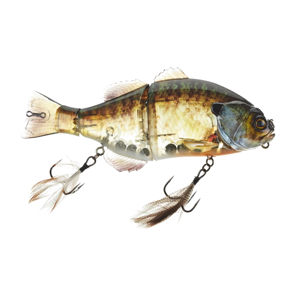 Jackall Gantarel en livrée crapet, swimbait à trois segments, dos olive barré et flancs ambrés translucides, deux triples montés sur émerillons et habillés de plumes claires