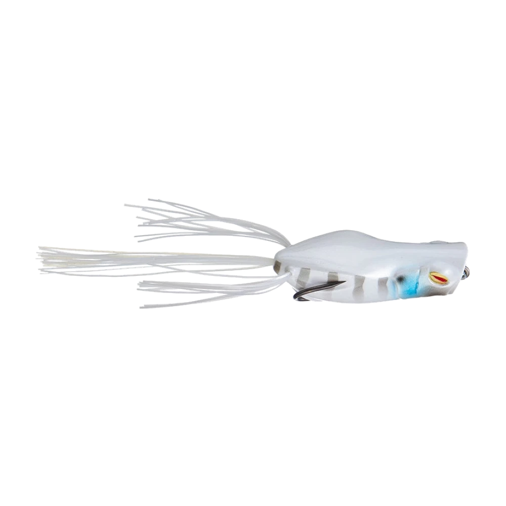 Jackall Gavacho Frog blanc nacré, flancs barrés de gris, joue bleue et œil jaune cerclé de rouge, longues pattes en silicone blanc, double hameçon plaqué le long du dos