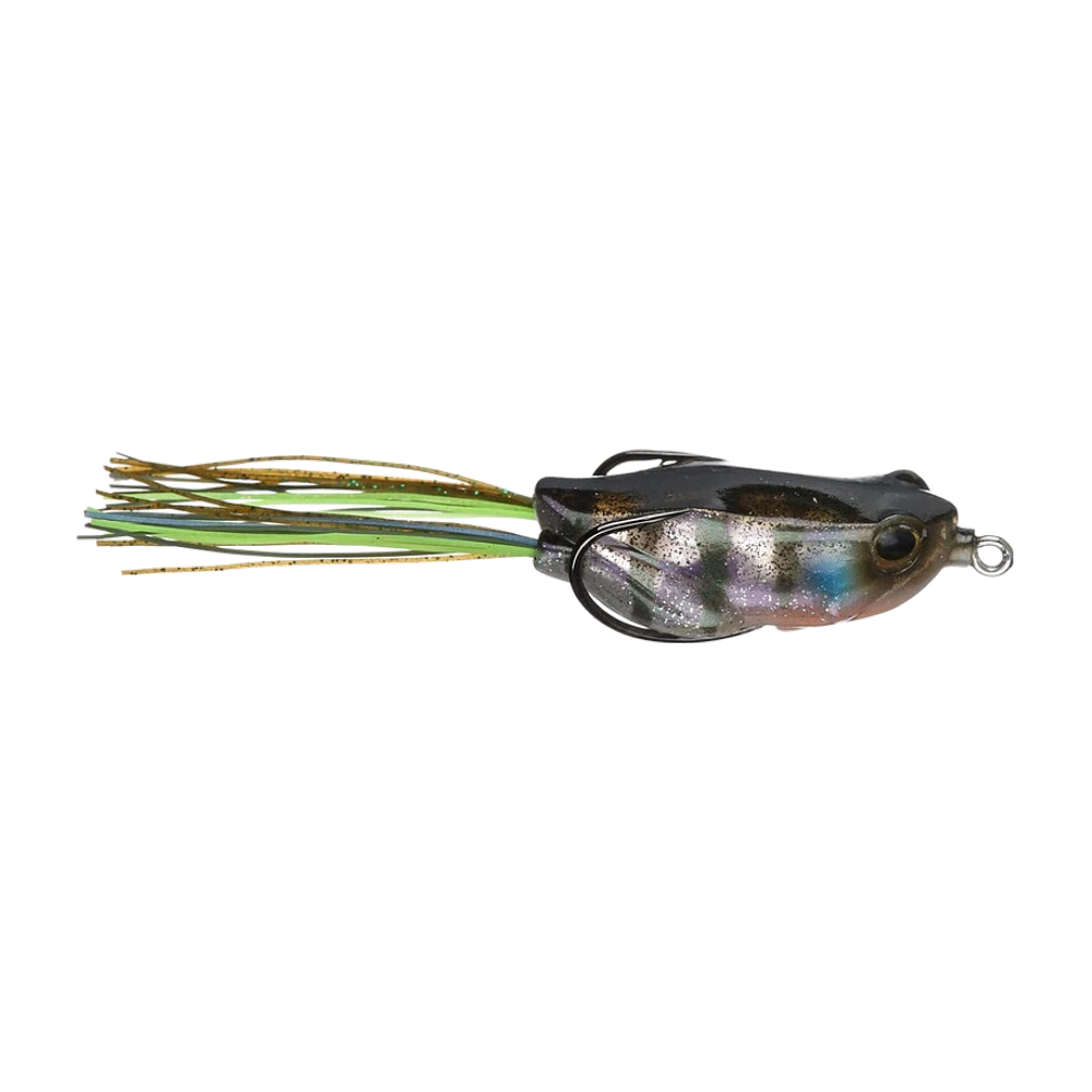 Jackall Kaera Frog, dos noir et flancs nacrés pailletés barrés de violet, joue bleue et gorge orangée, jupe en silicone vert chartreuse, olive et bleu, large double hameçon plaqué sur le dos