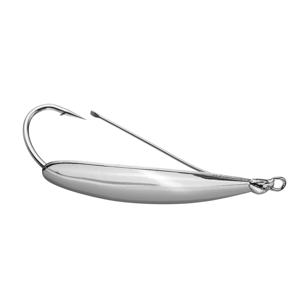 Johnson Silver Minnow Spoon in finitura argento lucido non verniciata, corpo a cucchiaio allungato e concavo, amo singolo fisso rivolto verso l'alto e filo antialga teso fino alla punta