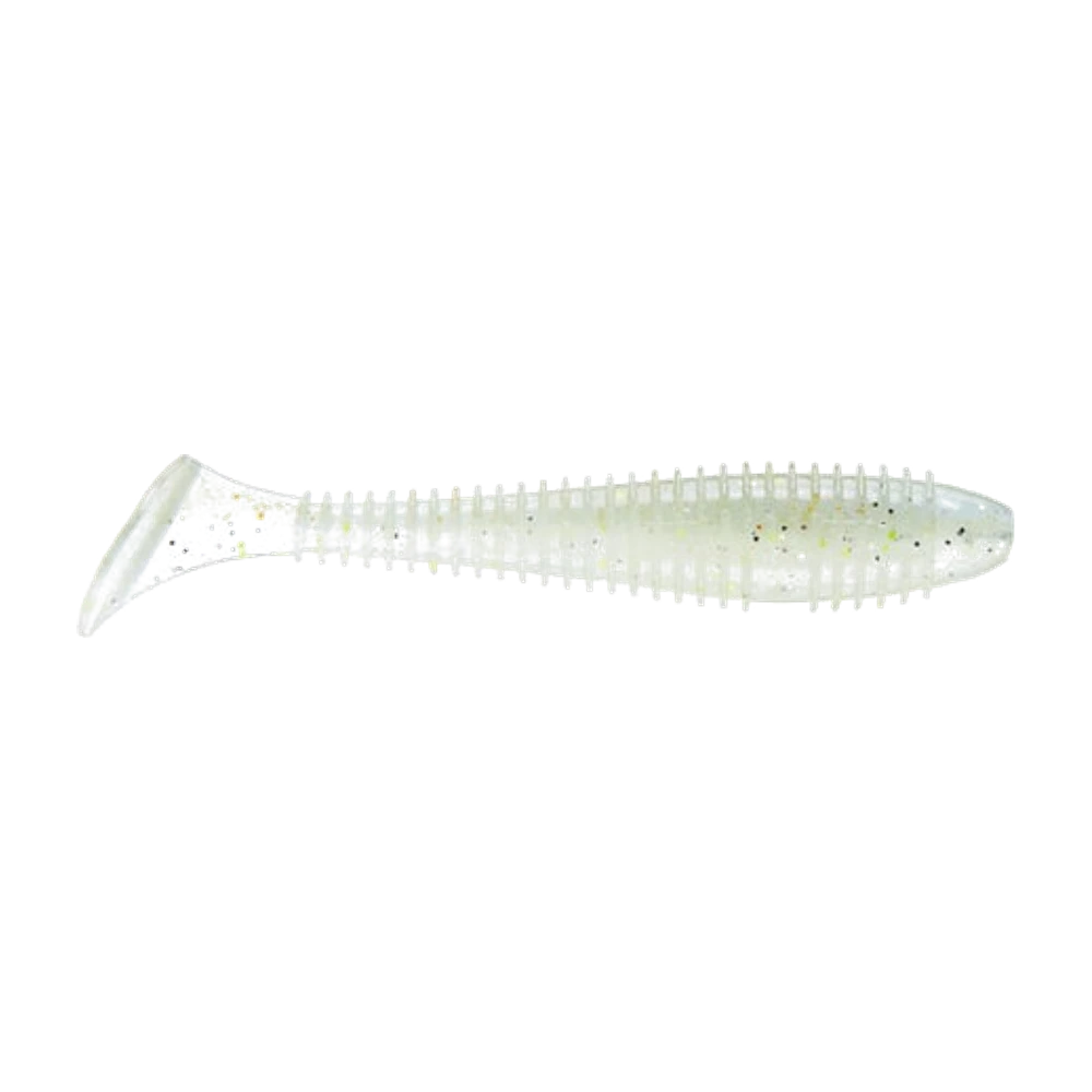 Keitech Fat Swing Impact 4.8" in a translucent pearl glitter color, wide ElaZtech paddle tail