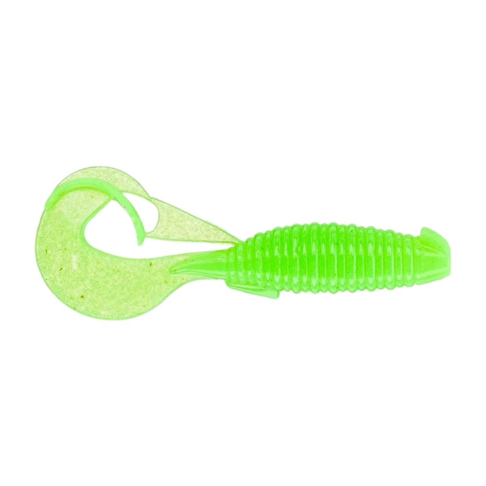 Keitech Flapper Grub in durchscheinendem Chartreuse mit feinem Glitter, dicker über die ganze Länge geriffelter Körper mit abgesetzter Nase, großer sich einrollender Bandschwanz und angeformte Paddelsektion an dessen Ansatz, nackt ohne Haken abgebildet