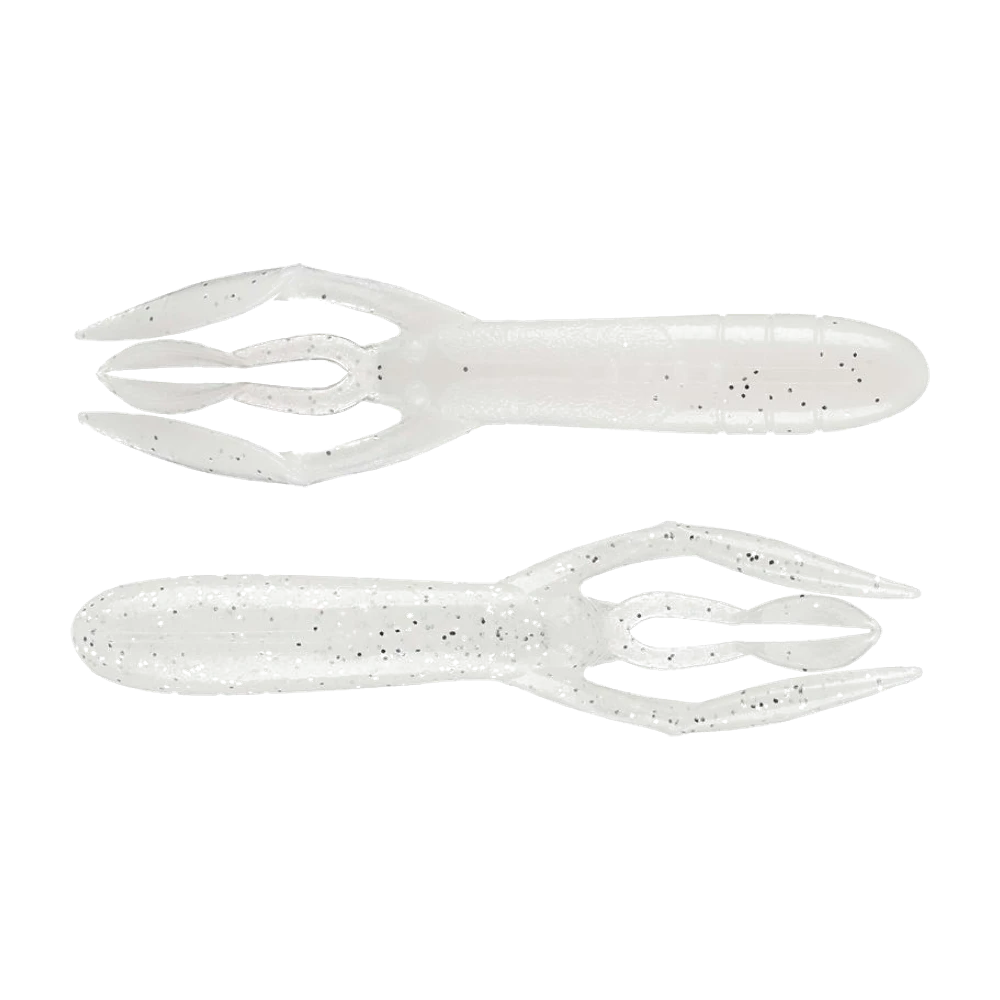 Zwei Keitech Glide Camaron in Perlweiß mit silbernem und schwarzem Glitter, geringelter hinterer Körper, zwei flache Scheren und zwei lange Antennen vorn, ohne montierten Haken