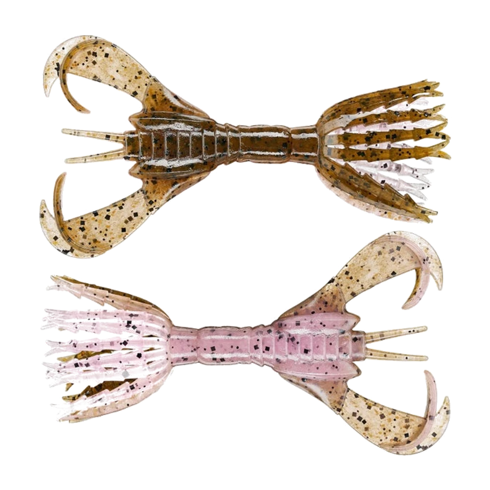 Zwei Keitech Hyper Spider, einer mit braungrünem Rücken mit schwarzem und goldenem Glitter über durchscheinend rosa Bauch, der andere rosa mit braunen Scheren, zwei große gebogene Scheren an einem Ende und ein Skirt aus feinen Tentakeln am anderen, ohne Haken