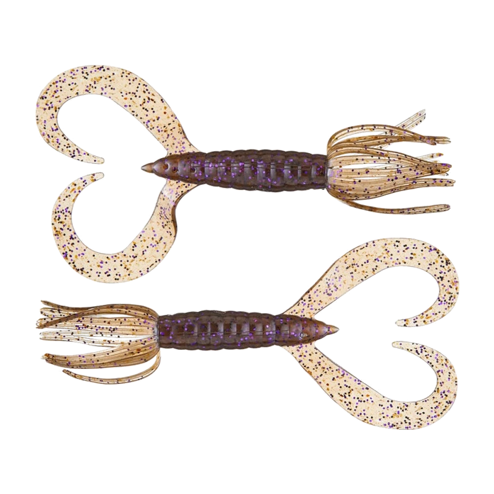 Deux Keitech Little Spider corps brun violacé annelé et pailleté, nez pointu, deux grands bras plats incurvés beiges pailletés or et violet, jupe de rubans translucides à l'arrière, sans hameçon