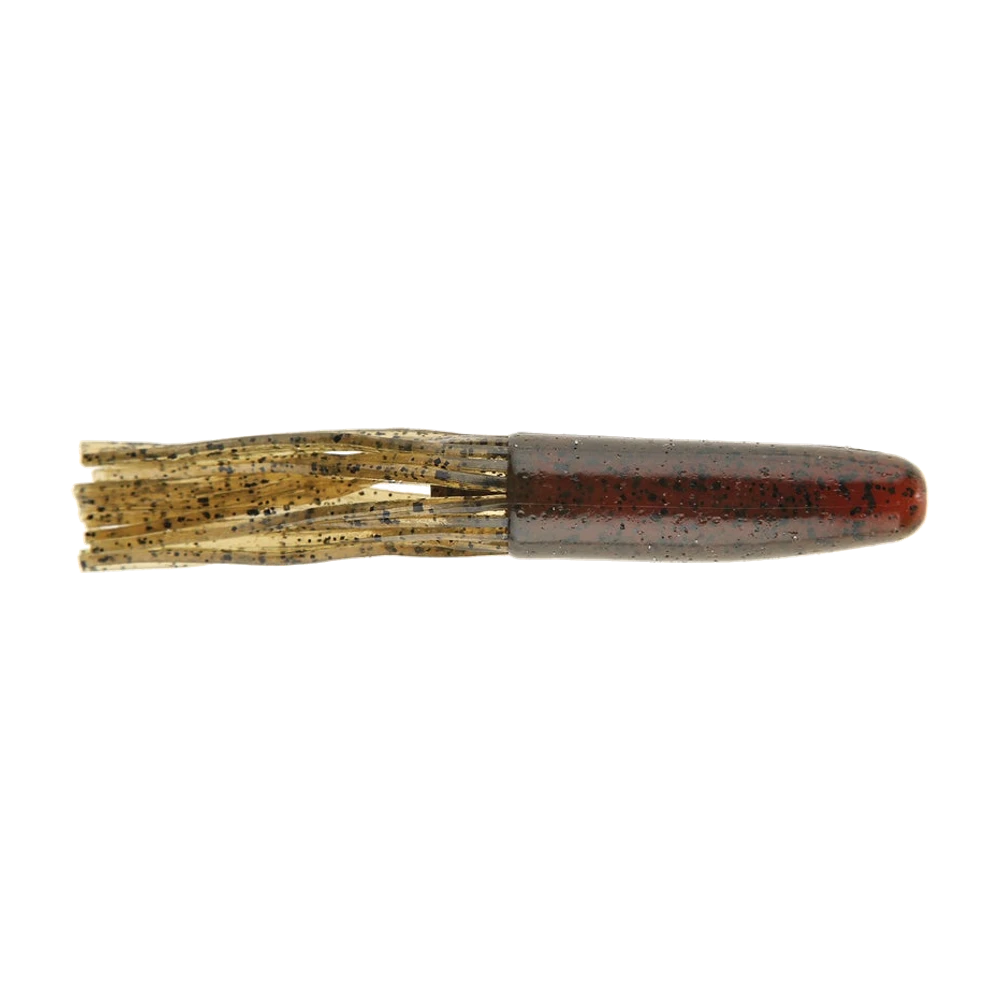 Keitech Salty Core Tube seul, corps cylindrique olive foncé à reflets rouge brun et paillettes noires, nez arrondi, jupe de fins filaments beige translucide pailletés, sans hameçon