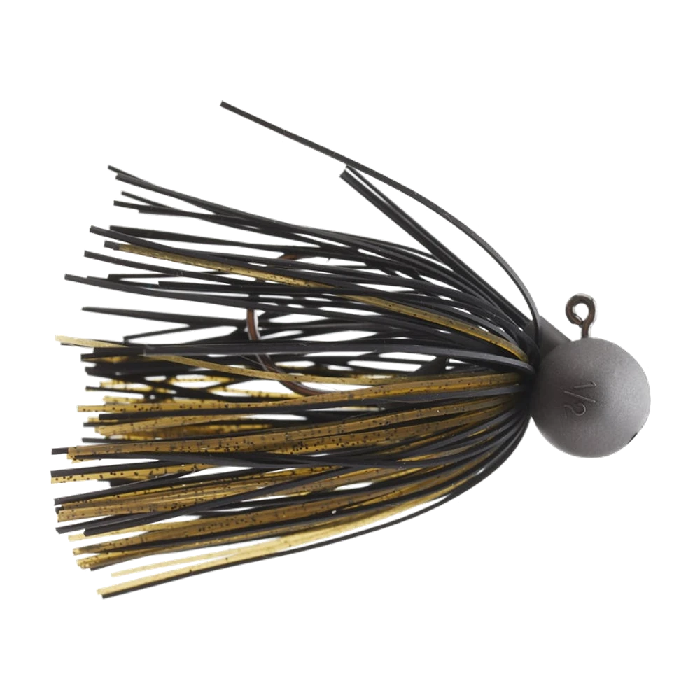 Keitech Tungsten Football Jig Version 2 vu de profil sans trailer, tête tungstène gris brut non peinte frappée du chiffre 1/2, œillet métallique en saillie sur le dessus, longue jupe silicone de brins noirs et de brins dorés mouchetés de noir, courbure bronze de l'hameçon visible par transparence au milieu de la jupe