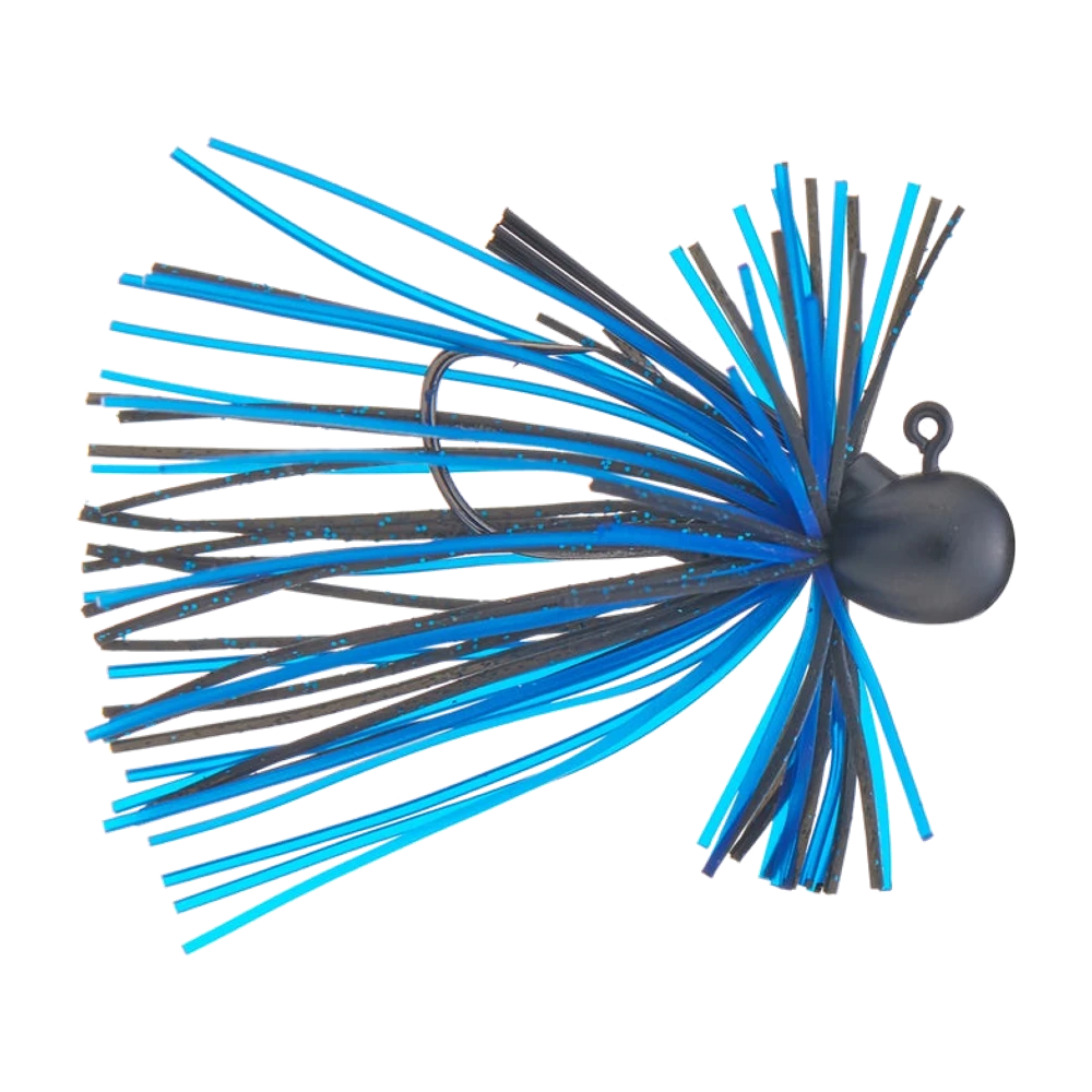 Keitech Tungsten Guard Spin Jig vu de profil sans trailer, petite tête compacte noire peinte avec un œillet métallique sur le dessus, jupe silicone courte faite de brins bleus et de brins noirs mouchetés de turquoise, faisceau de fibres noires raides dressé devant la pointe, courbure sombre de l'hameçon simple visible au milieu de la jupe