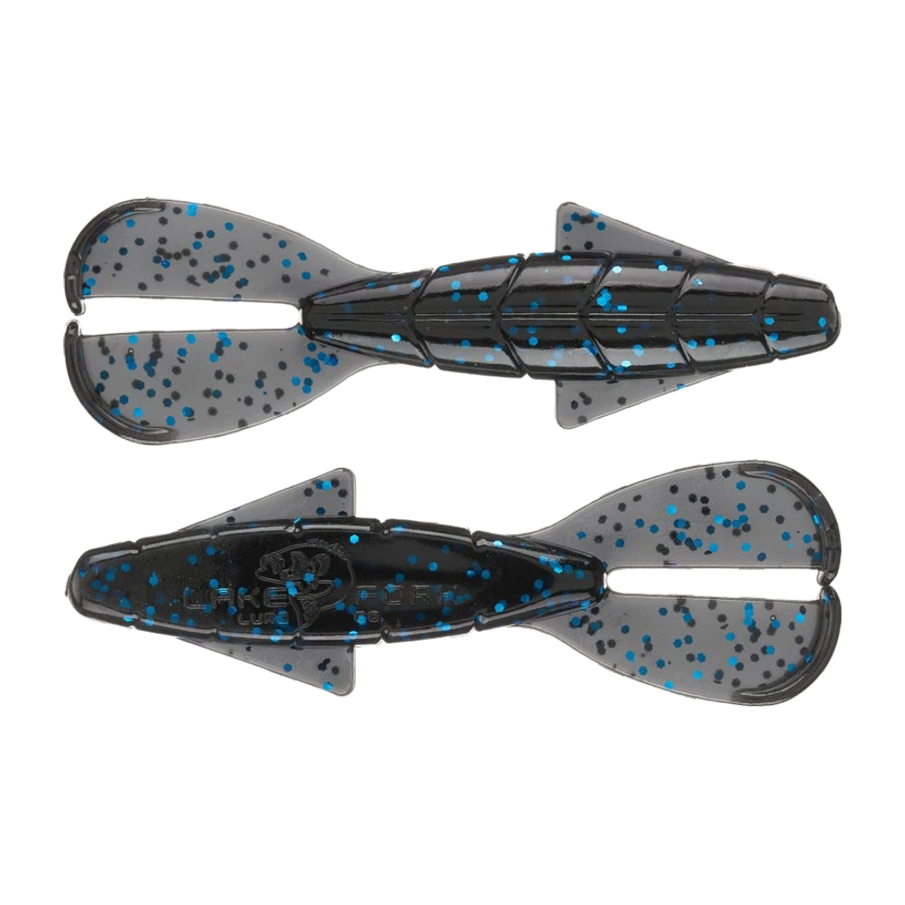 Lake Fork Pro Craw photographié de dos et de ventre, corps ovale noir opaque à paillettes bleues découpé en segments annelés marqués, rainure longitudinale creusée au milieu du dos, deux petites nageoires triangulaires translucides fumées de part et d'autre du corps, deux larges appendices plats en forme de feuille bordés d'un bourrelet épais, translucides fumés à paillettes bleues et noires, logo Lake Fork moulé en relief sur la face ventrale