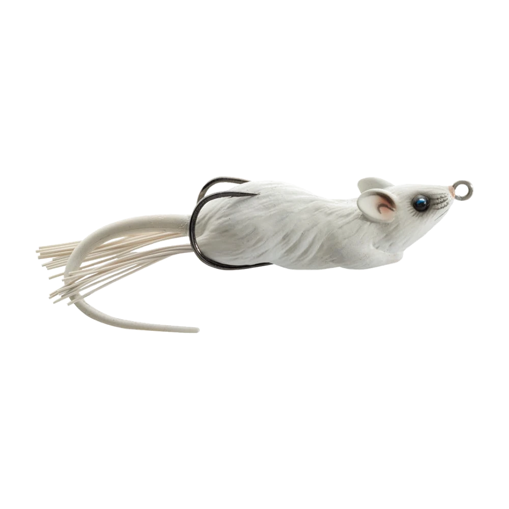 Weiße LiveTarget Hollow Body Field Mouse, dunkler Doppelhaken flach entlang des Rückens, Bündel weißer Gummifäden und weicher Schwanz am Heck, metallene Schnuröse an der Schnauzenspitze