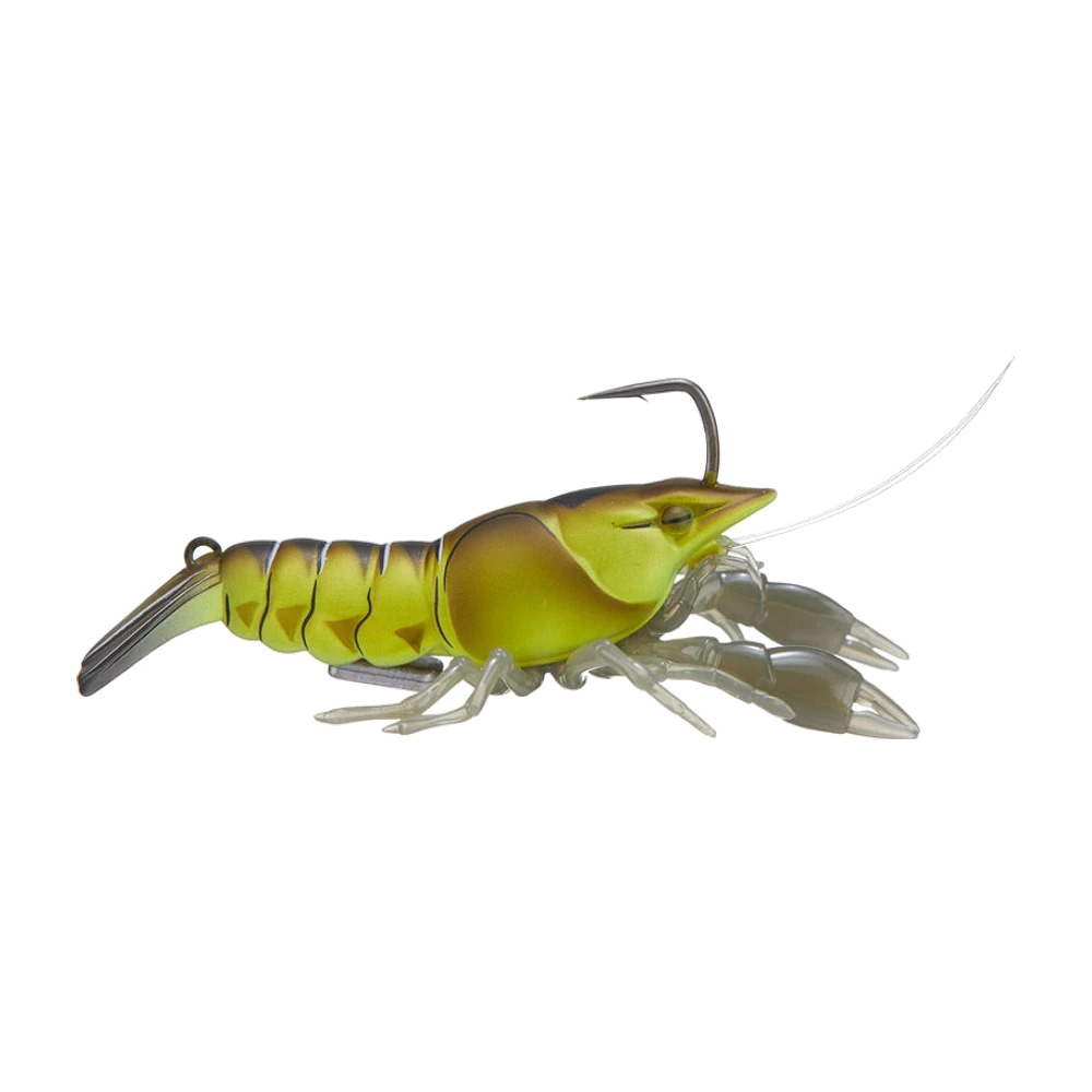 LiveTarget Live Craw vert olive et jaune, dos brun rayé de blanc et de noir, pinces et pattes translucides gris clair, longues antennes transparentes, hameçon simple pointe en l'air et anneau de traction côté queue, plaque de lest clipsée sous le ventre