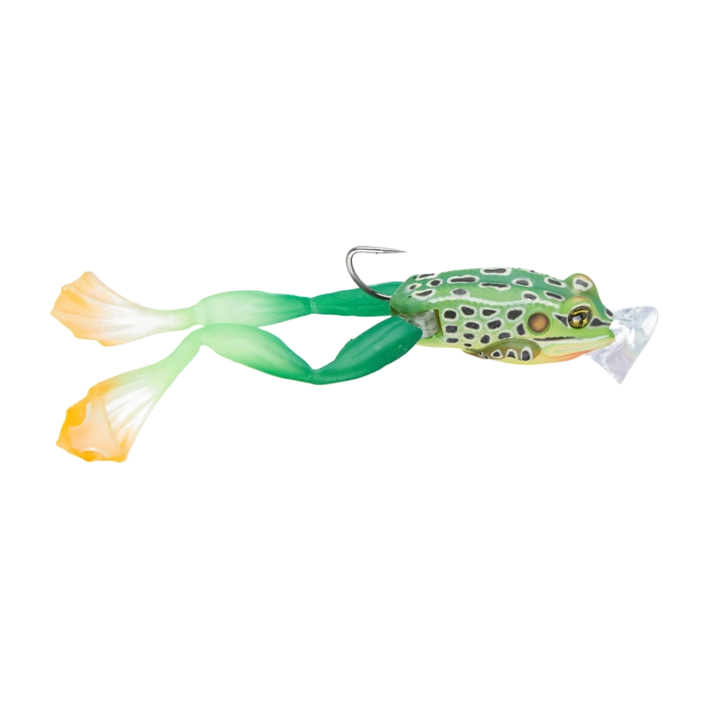 LiveTarget Live Popper Frog verte tachetée de noir, tympan orange, œil doré à pupille noire, bouche creusée translucide à l'avant, longues pattes articulées vertes terminées par des palmes jaune orangé, hameçon simple pointe en l'air sortant du dos