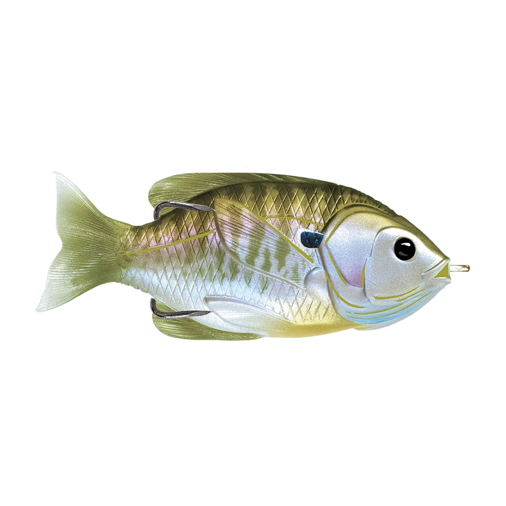 LiveTarget Sunfish Hollow Body de profil, dos olive et flancs nacrés lavande rayés d'or, tache noire derrière l'oeil, hameçon double dont une pointe repose sur le dos et l'autre sous le ventre