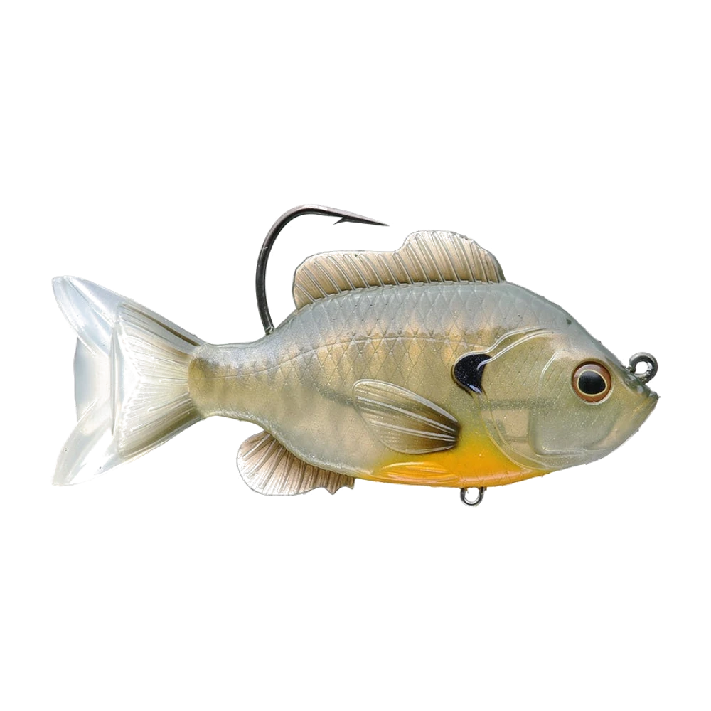 LiveTarget Sunfish Swimbait de profil, corps haut gris perle à ventre orange vif, nageoires crème translucides, gros hameçon large sortant du dos derrière la dorsale, anneau d'attache sur le crâne et anneau sous le ventre