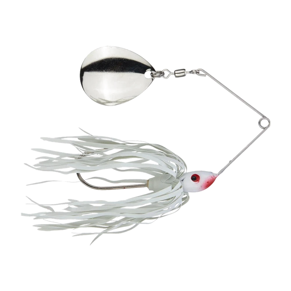 Luck-E-Strike Redman Colorado Spinnerbait, gran paleta Colorado cromada unida por un emerillón de barrilete, faldón de goma plana blanca, cabeza blanca con branquias rojas, brazo corto y anilla de atado completamente cerrada