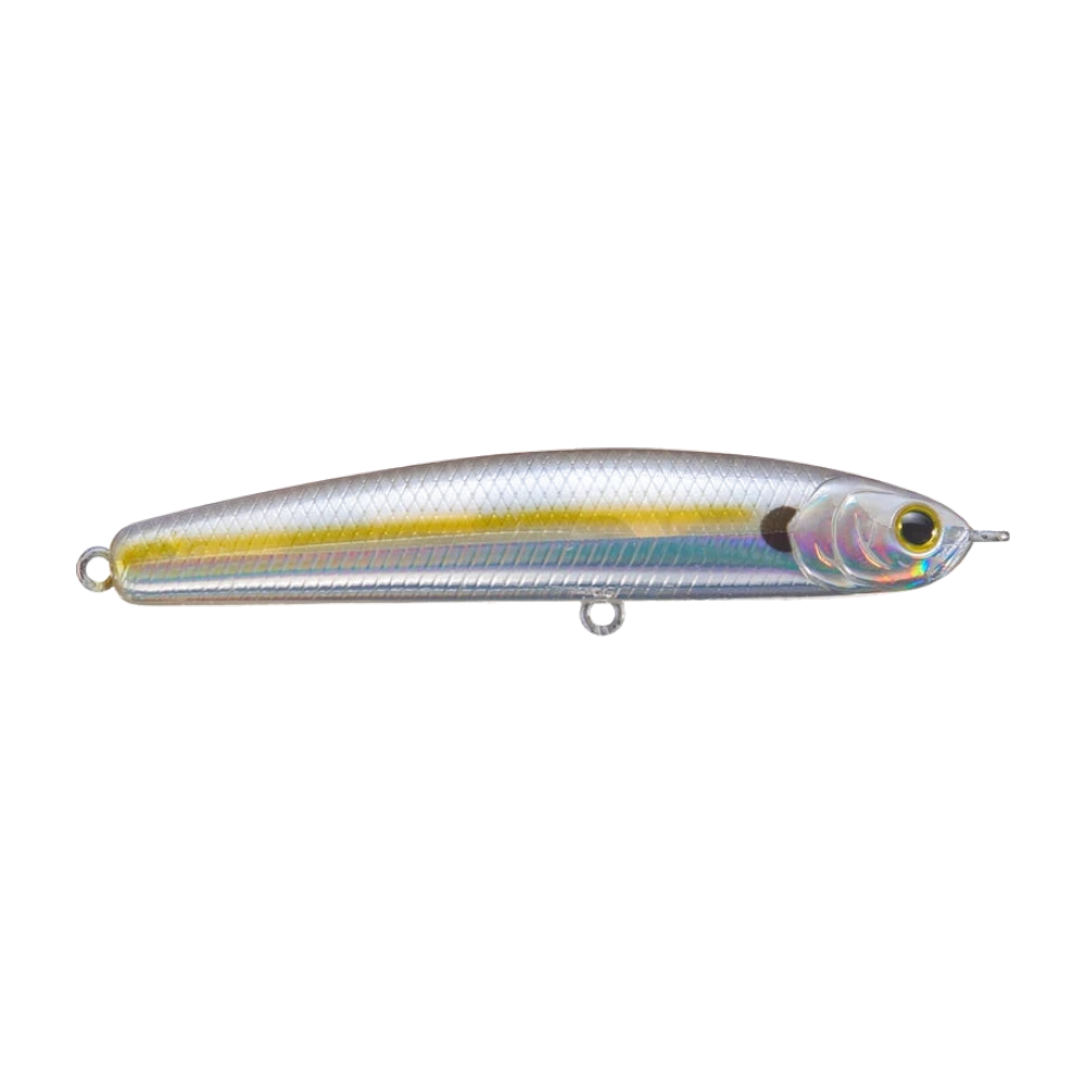 Lucky Craft Wander 80 photographié nu, sans bavette ni hameçons montés : corps écaillé argenté à bande latérale dorée, tête translucide holographique, gros œil jaune, anneau de tête et anneau ventral apparents