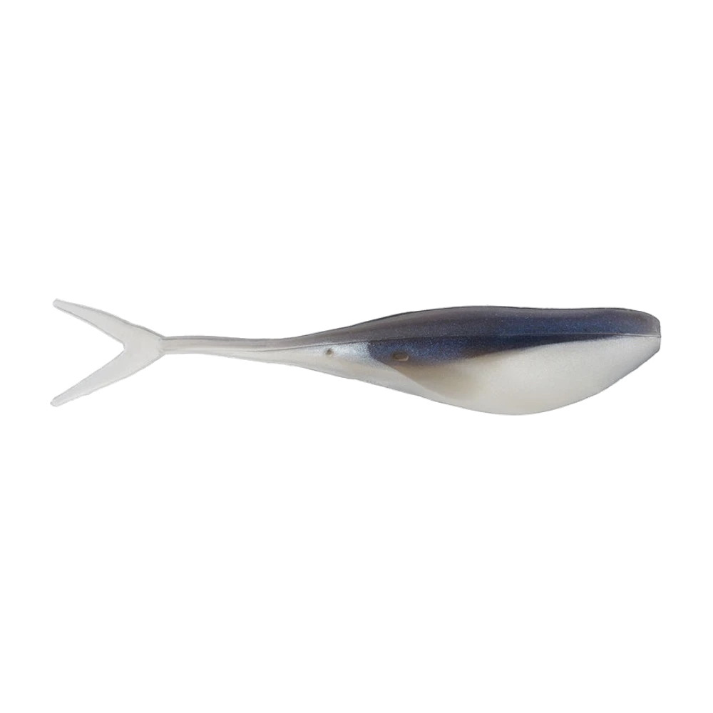 Unmontierter Lunker City Fin-S Shad mit nachtblauem Rücken und perlweißem Bauch: breiter, seitlich abgeflachter Shad-Körper mit scharfem Rückenkamm, der in einen dünnen Schwanzstiel mit gegabeltem V ausläuft