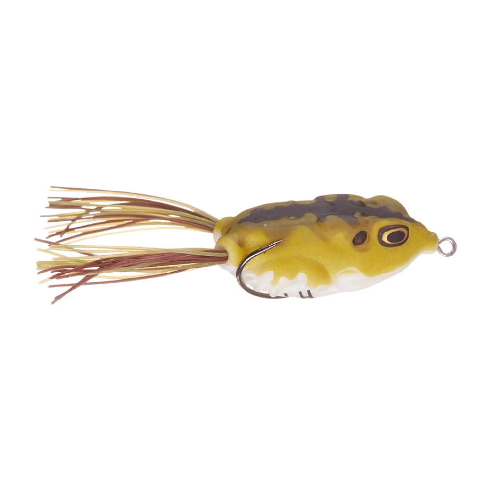 Lunkerhunt Compact Frog de profil, dos olive tacheté de brun foncé, flancs jaune moutarde, ventre blanc, jupe de brins bruns et jaune pâle, hameçon double argenté plaqué contre les flancs, anneau de tête en fil