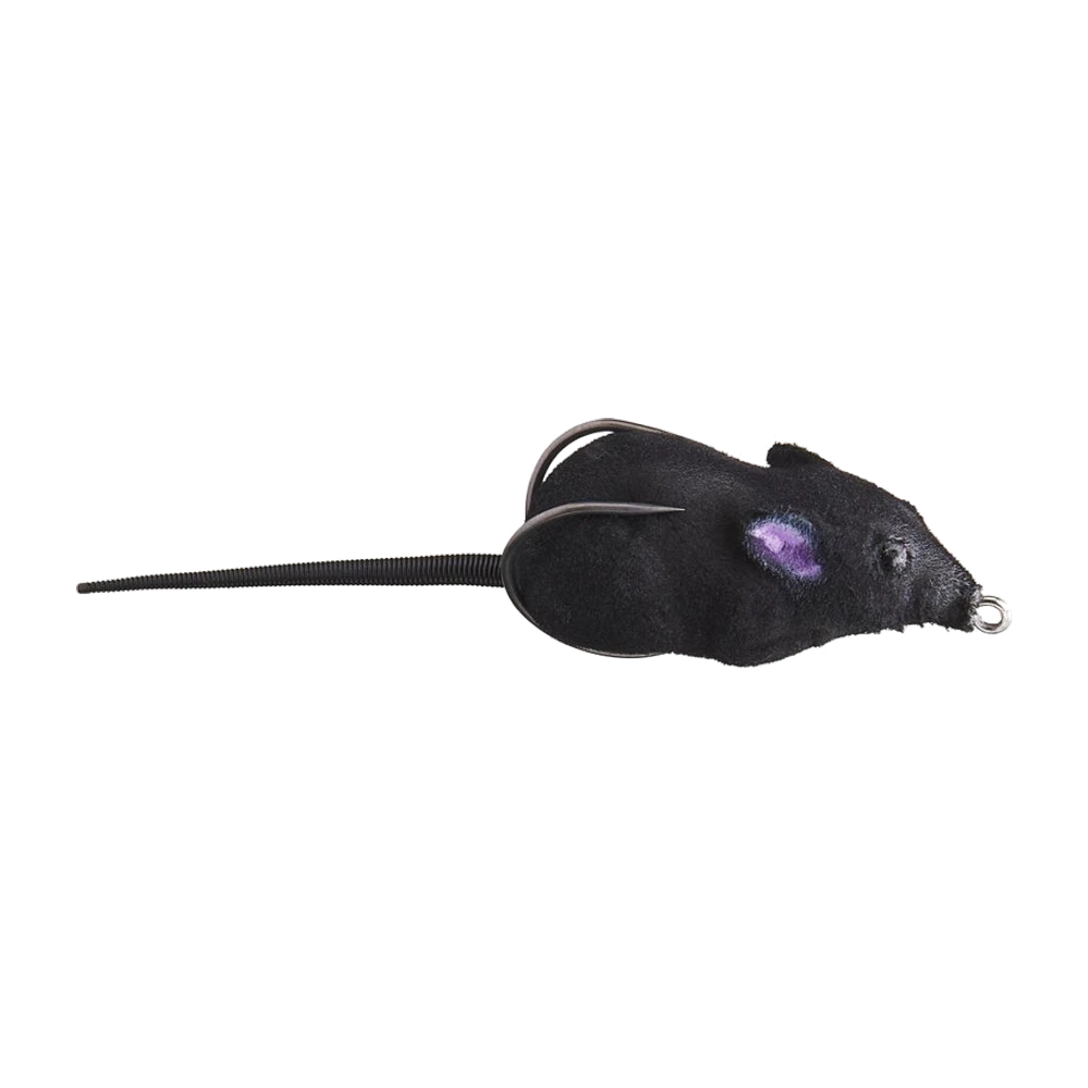 Lunkerhunt Furenzy Mouse entièrement noire, surface floquée mate imitant le poil, tache d'oreille violette, œil noir, longue queue souple annelée, hameçon double sombre dont les deux pointes reposent sur le dos et le flanc, anneau de tête en fil
