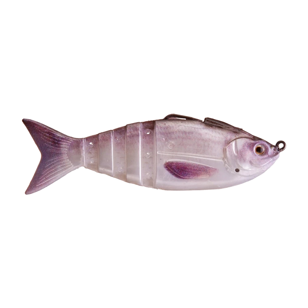 Lunkerhunt Gambit Swimbait de profil, corps souple blanc nacré translucide au dos violet pailleté, nageoire pectorale et caudale fourchue violettes, nageoires dorsales souples sombres, flancs segmentés par des rainures profondes, œil doré à pupille noire, anneau d'attache sombre sortant du nez, aucun hameçon apparent